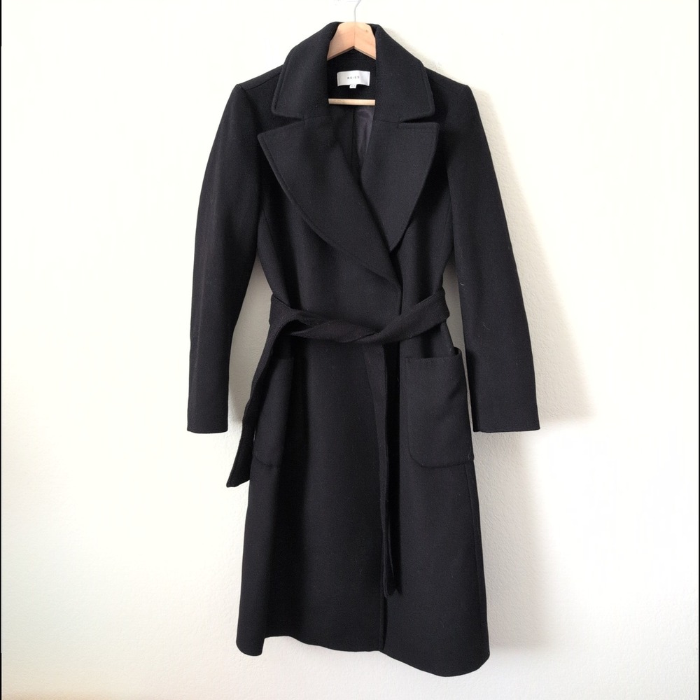Reiss Black 100% Wool Wrap Coat Belt Long Trench Jacket Womens US 4 UK 8 Luxury - Picture 10 of 12